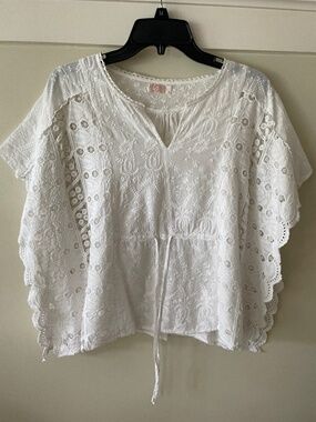 Boho White Eyelet Embroidered Lace Poncho Kaftan Blouse Top l size S